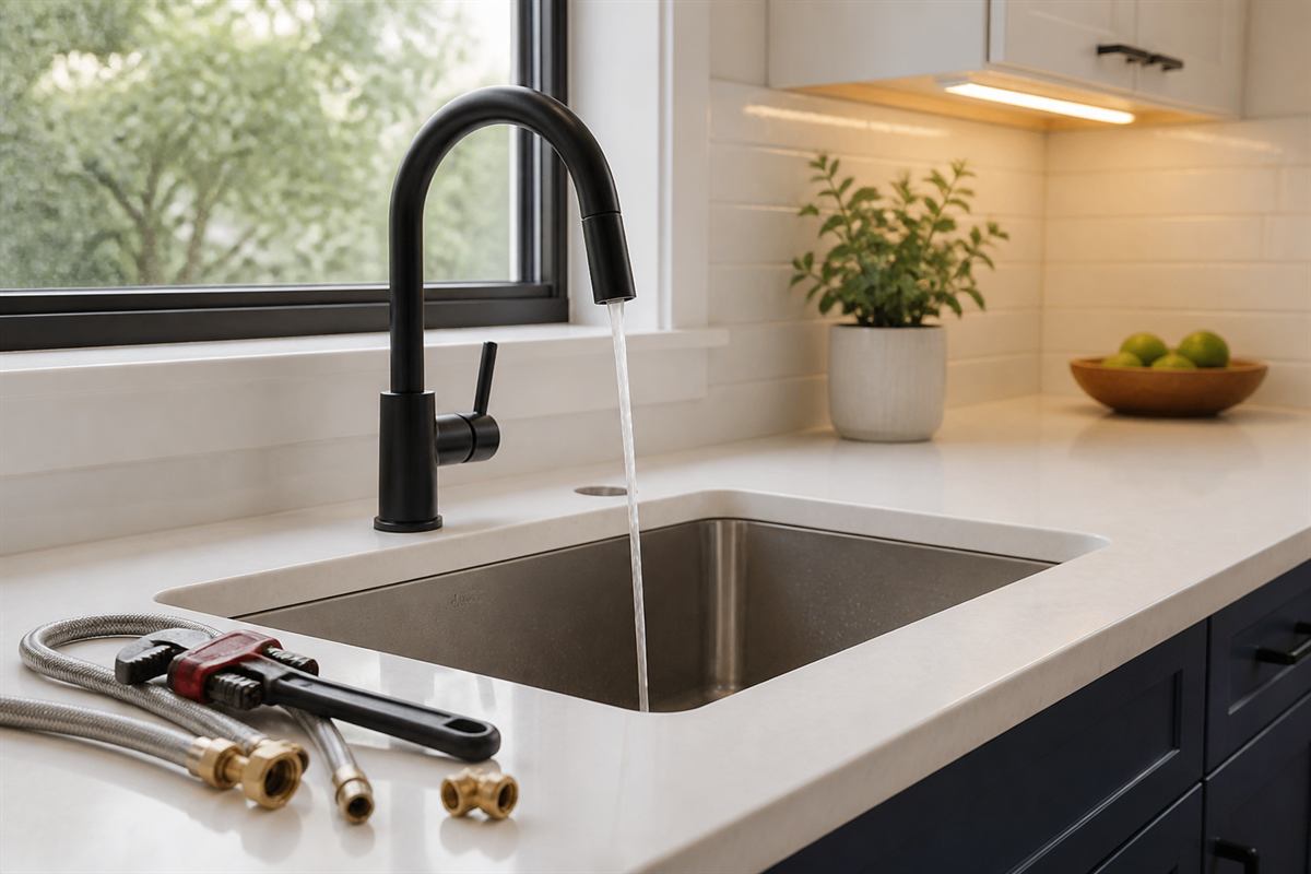 A newly installed kitchen sink running clear water, with braided supply lines, brass fittings and a pipe wrench on the counter beside it.