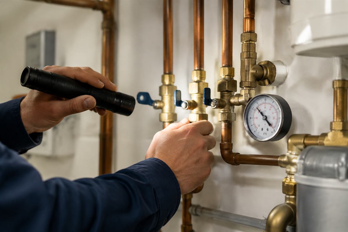 Copper supply lines with brass shutoff valves and a pressure gauge, lit by a flashlight during an inspection.