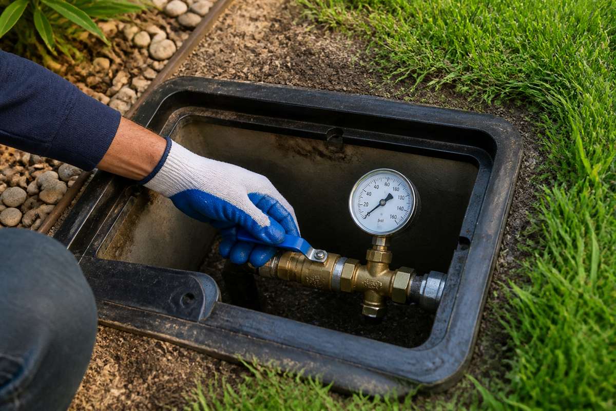 A gloved hand closing a ball valve on a main water line inside a meter box, with a pressure gauge reading zero.